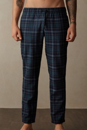 Pantaloni Barbati Intimissimi Full Length in Green and Blue Plaid Brushed Cloth Verzi Albastri | RO KI2975