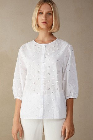 Pantofi Haltere Dama Intimissimi Morning Feelings Shirt in Plain Weave Bumbac Albi | RO NB1816