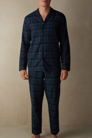 Pijama Barbati Intimissimi Full Length in Brushed Blue Check Patterned Cloth Albastri | RO YU2917