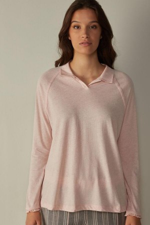 Pijama Dama Intimissimi Bumbac Rouches Long Sleeve Polo Roz | RO QZ2182