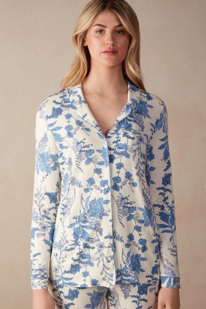 Pijama Dama Intimissimi Feeling Beautiful Button Up Shirt in Modal Albi Albastri | RO WY2131