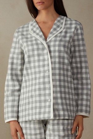 Pijama Dama Intimissimi Gingham Lover Shirt in Brushed Cloth Gri | RO LH2174