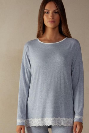 Pijama Dama Intimissimi Long-Sleeve Round-Neck Modal Top Albastri Deschis | RO SO2167