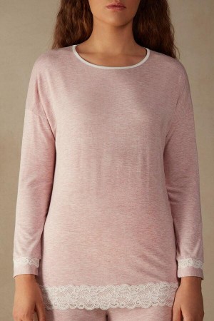 Pijama Dama Intimissimi Long-Sleeve Round-Neck Modal Top Roz Deschis | RO DN2168