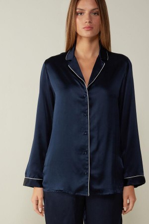 Pijama Dama Intimissimi Mannish-Cut Jacket in Silk Satin Albastri | RO BC2023