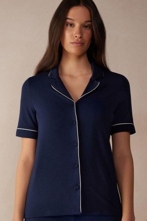 Pijama Dama Intimissimi Scurte Sleeve Button Up Shirt in Modal Albastri | RO HK2093