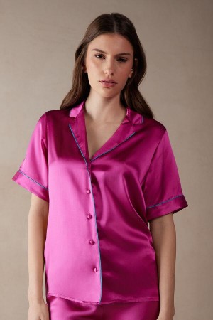 Pijama Dama Intimissimi Scurte Sleeve Silk Shirt with Contrast Trim Roz | RO QZ2104