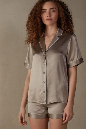 Pijama Dama Intimissimi Scurte Sleeve Silk Shirt with Contrast Trim Bej | RO ZG2123