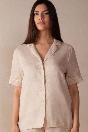 Pijama Dama Intimissimi Yacht Night Linen Scurte Sleeve Shirt Bej | RO DN2090