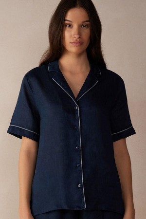 Pijama Dama Intimissimi Yacht Night Linen Scurte Sleeve Shirt Albastri | RO FM2091