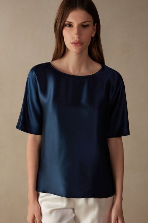 Short Sleeve Dama Intimissimi Silk and Modal Top Albastri | RO IS1851