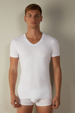 Tricouri Barbati Intimissimi V-neck in Stretch Supima® Bumbac Albi | RO HK3022