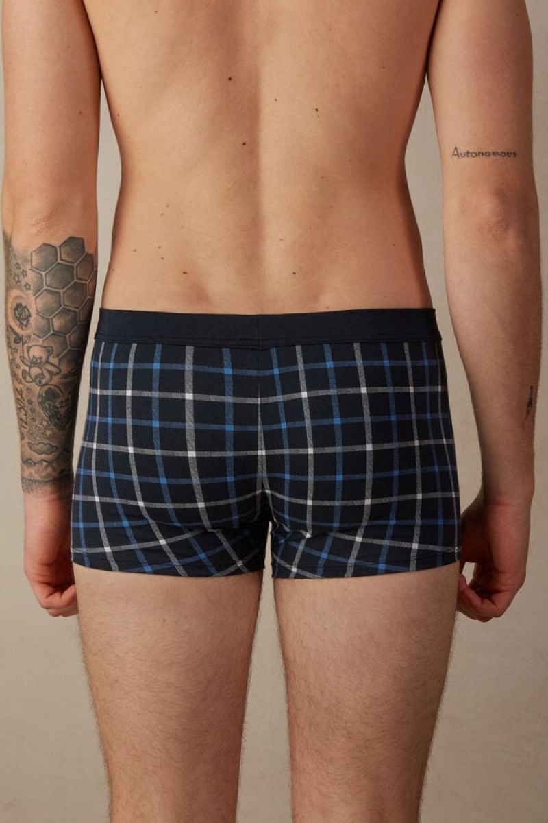 Boxer Barbati Intimissimi Blue Checkered in Stretch Supima® Bumbac Albastri | RO MA2639