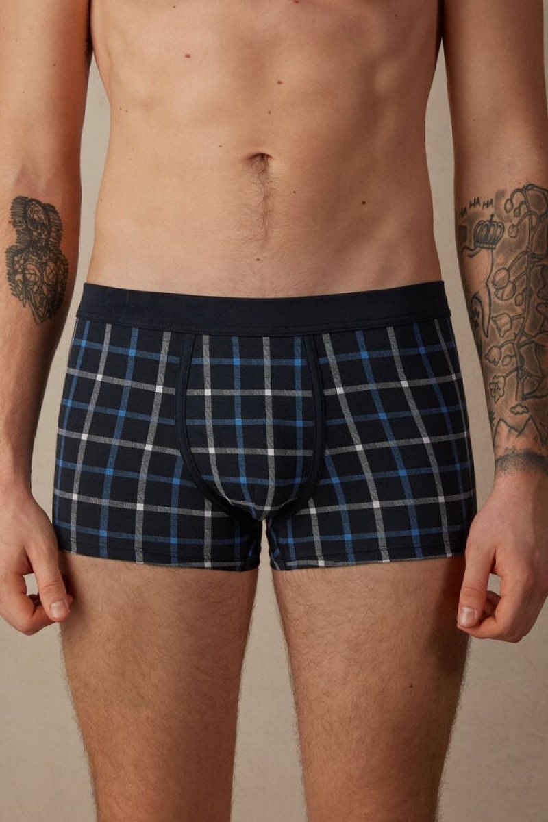 Boxer Barbati Intimissimi Blue Checkered in Stretch Supima® Bumbac Albastri | RO MA2639