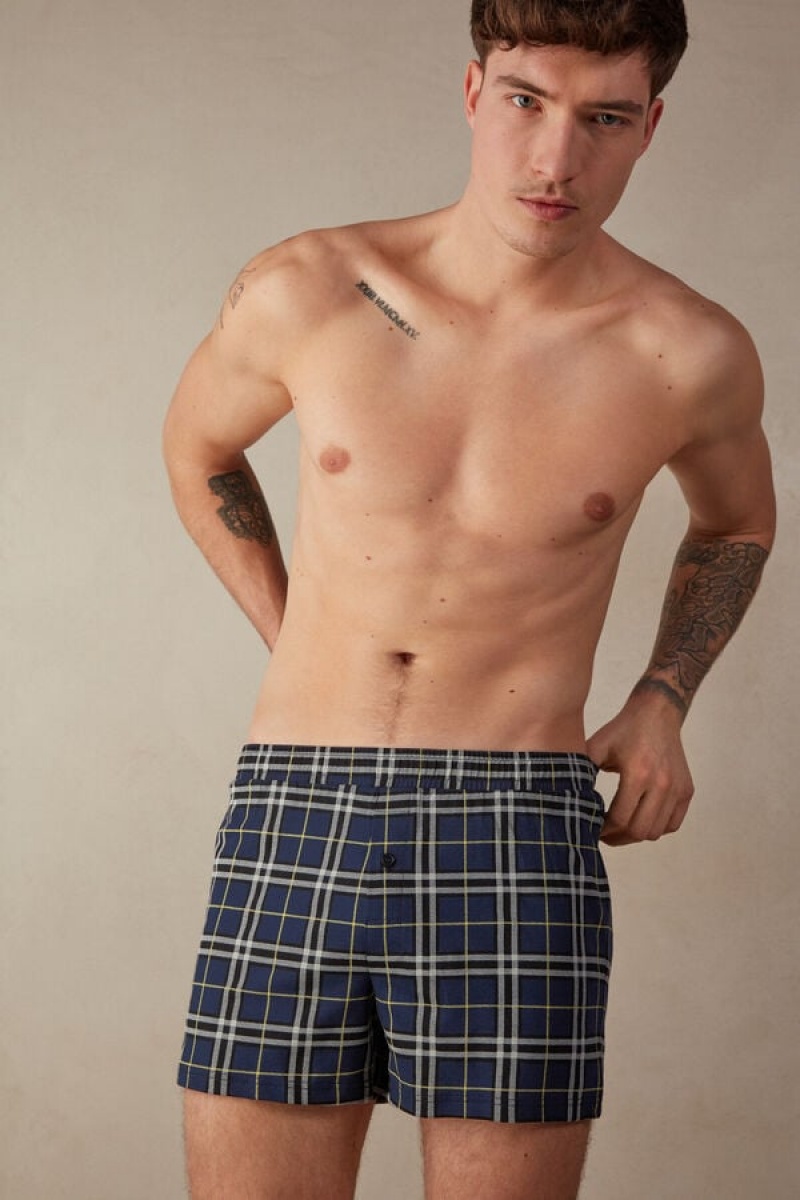 Boxer Barbati Intimissimi Tartan Patterned Bumbac Jersey Relaxed Fit Albastri Galbeni | RO DN2626