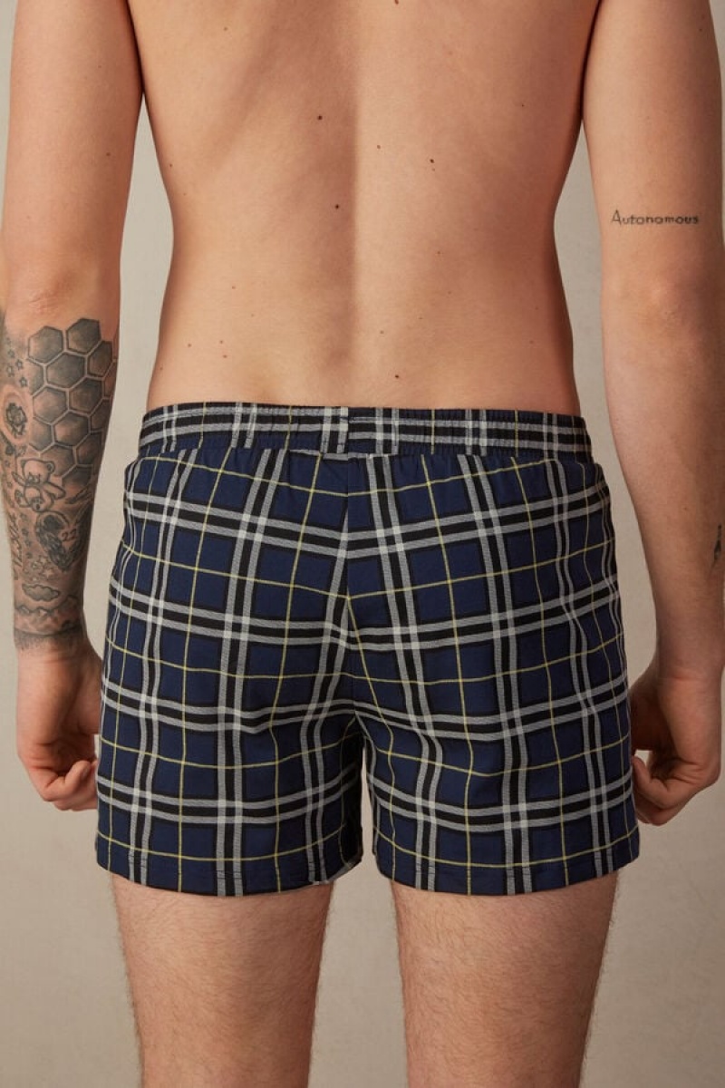 Boxer Barbati Intimissimi Tartan Patterned Bumbac Jersey Relaxed Fit Albastri Galbeni | RO DN2626