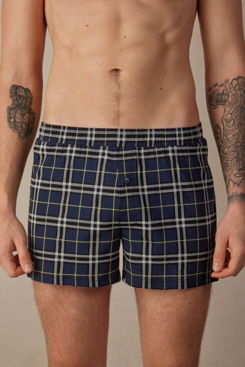 Boxer Barbati Intimissimi Tartan Patterned Bumbac Jersey Relaxed Fit Albastri Galbeni | RO DN2626