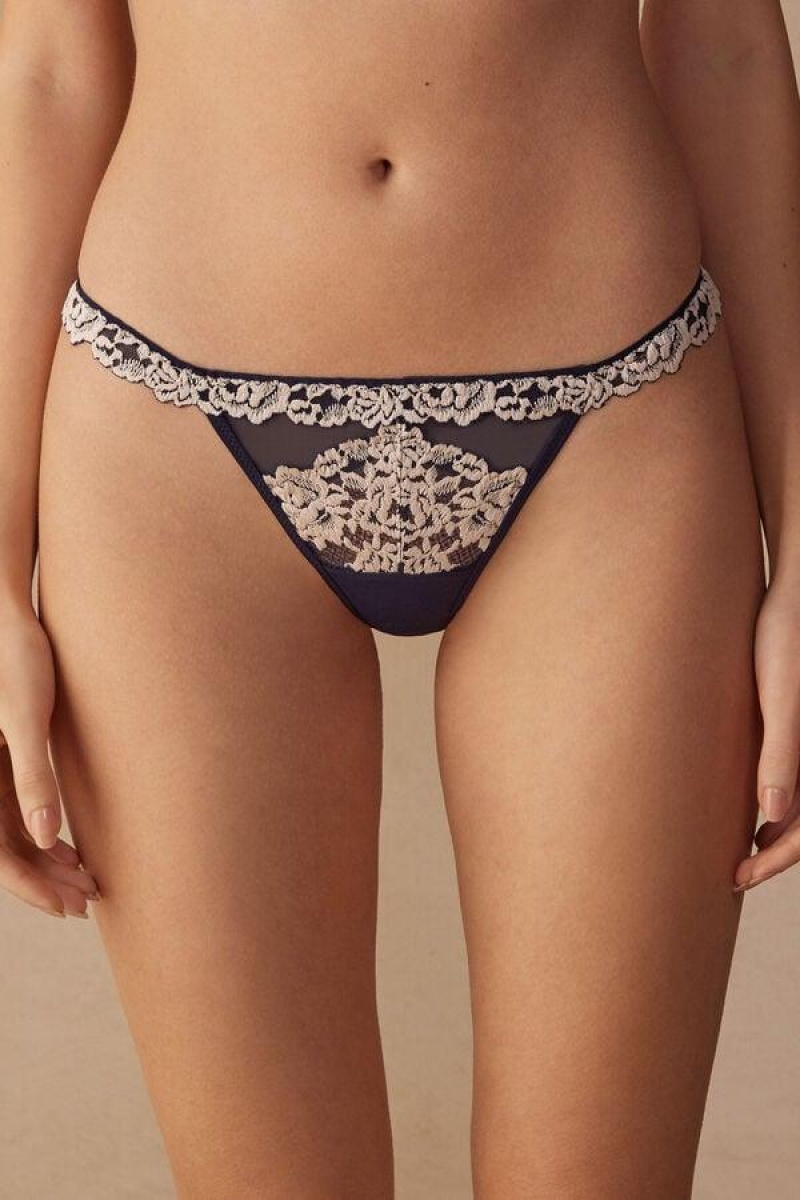 Chiloți Dama Intimissimi Pretty Flowers String Tanga Albastri Inchis Galbeni Deschis | RO RW2237