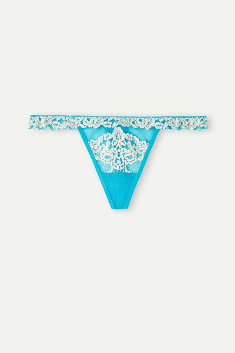 Chiloți Dama Intimissimi Pretty Flowers String Tanga Turcoaz Albi | RO PQ2243