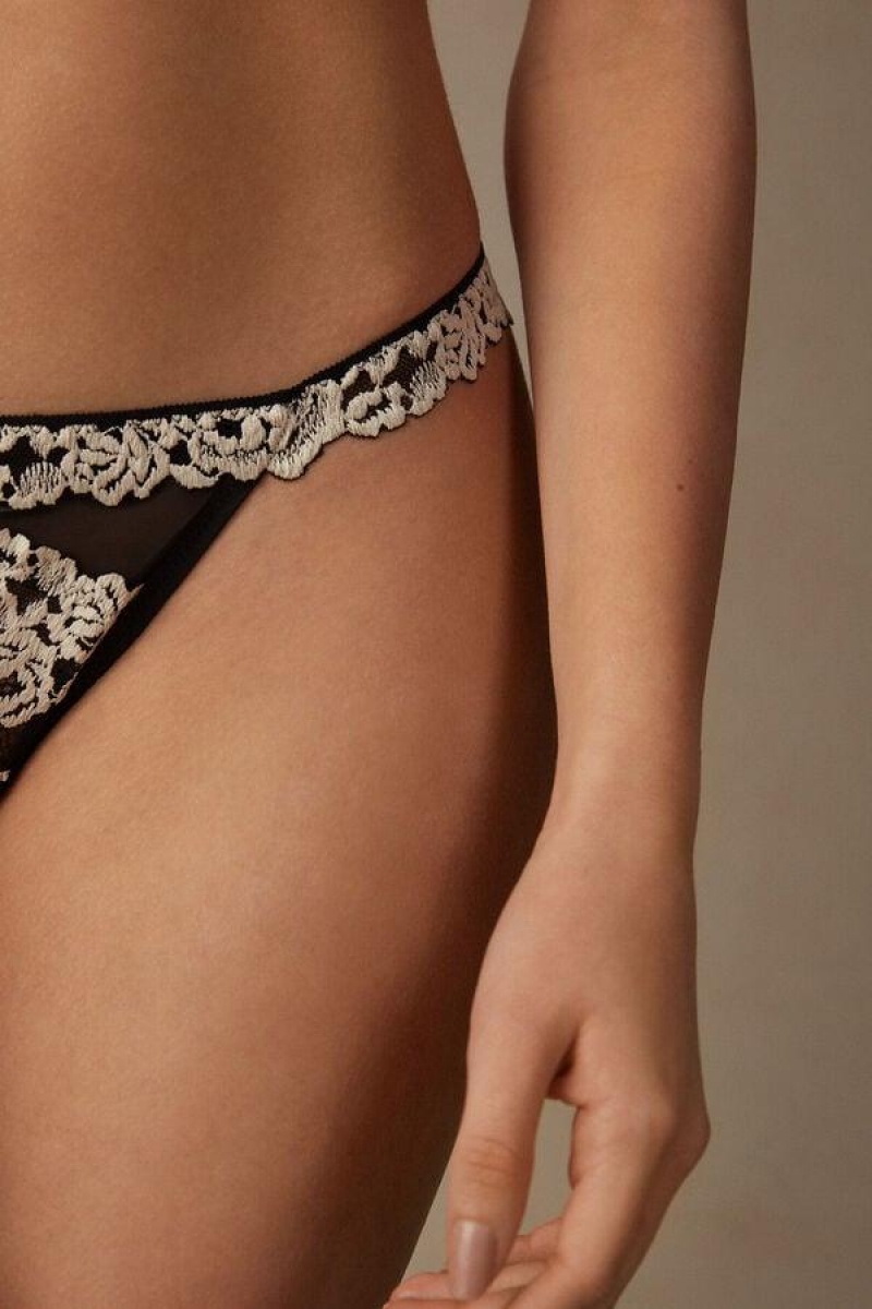 Chiloți Dama Intimissimi Pretty Flowers String Tanga Negrii Albi | RO PQ2295