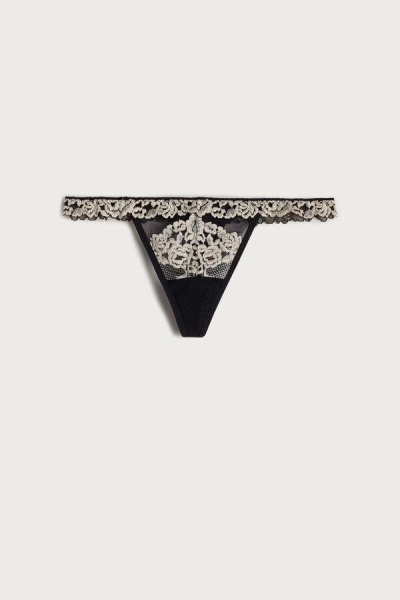 Chiloți Dama Intimissimi Pretty Flowers String Tanga Negrii Albi | RO PQ2295