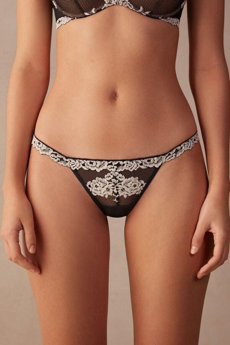 Chiloți Dama Intimissimi Pretty Flowers String Tanga Negrii Albi | RO PQ2295