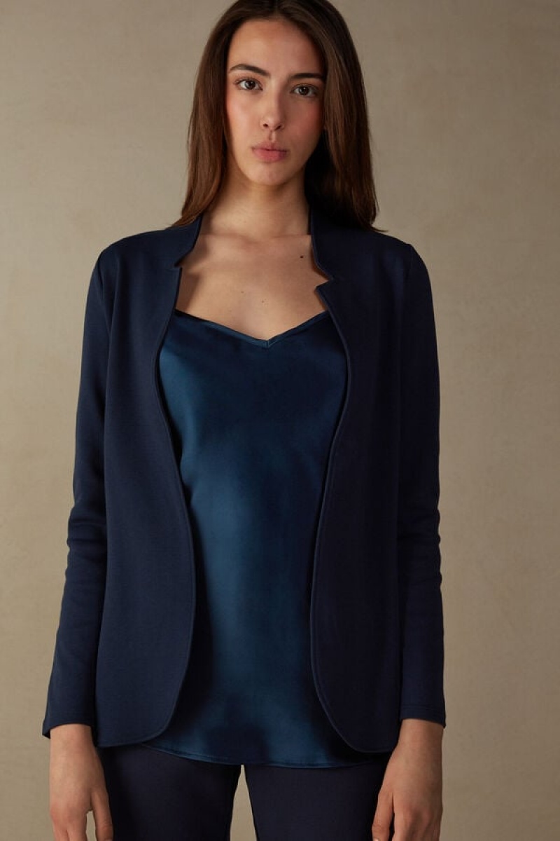 Geaca Dama Intimissimi Long-Sleeved Bumbac Interlock Cardigan Albastri | RO DN1778