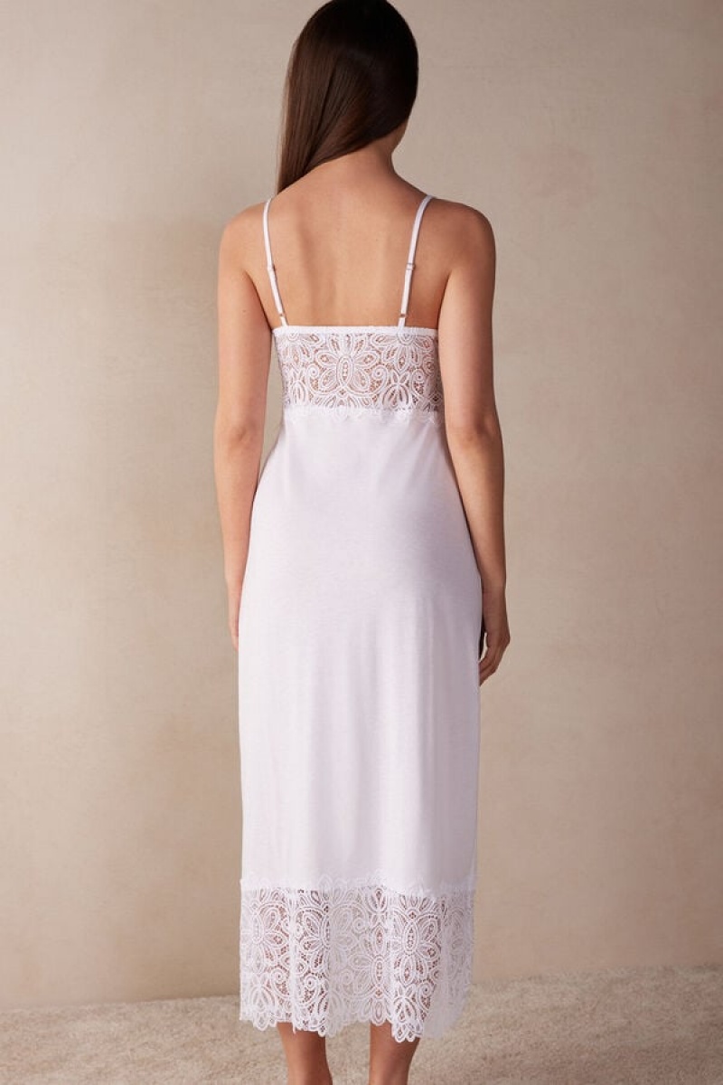 Lenjerie Dama Intimissimi Hot Summer Days Long Nightgown in Supima® Ultrafresh Bumbac Albi | RO YU1953