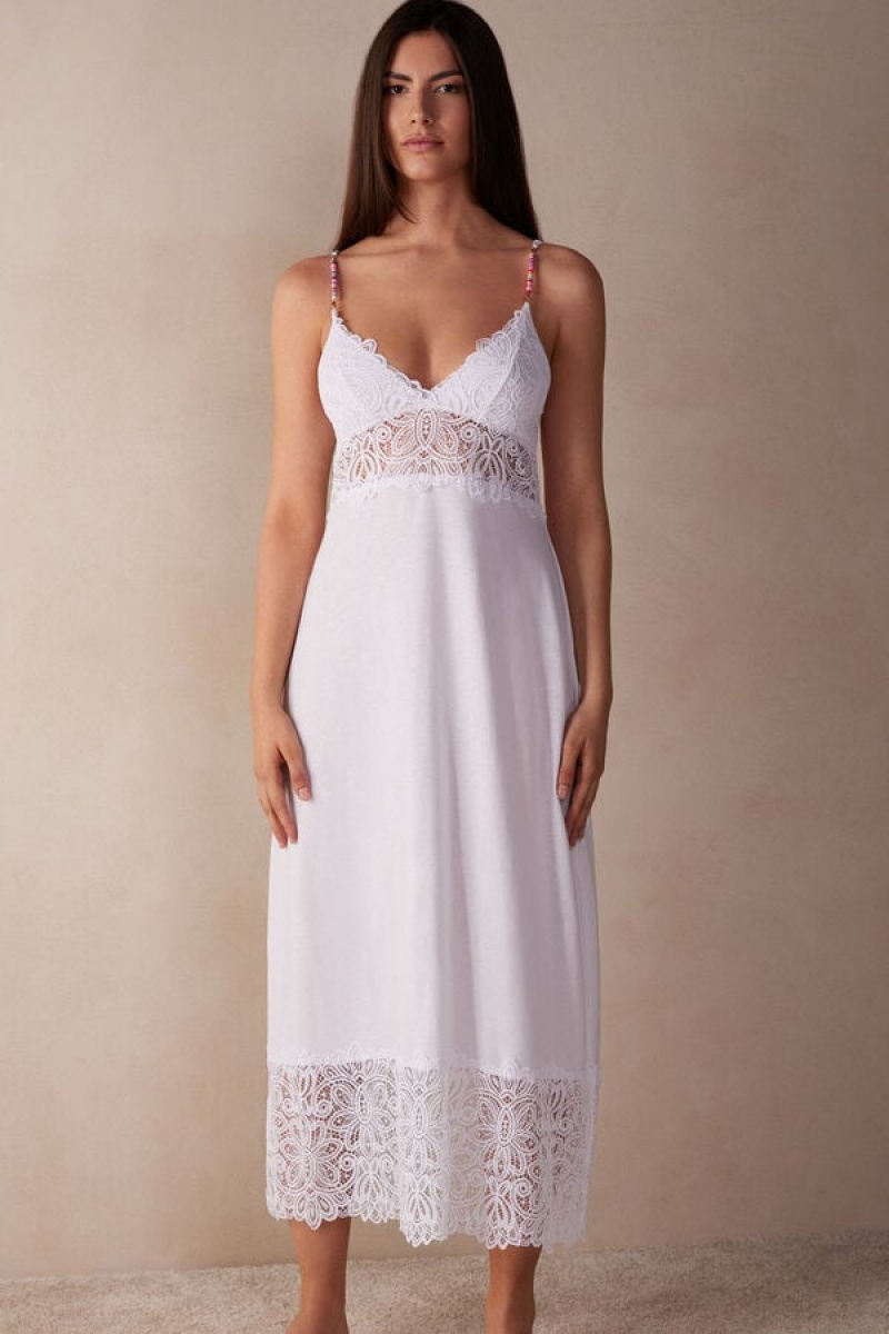 Lenjerie Dama Intimissimi Hot Summer Days Long Nightgown in Supima® Ultrafresh Bumbac Albi | RO YU1953