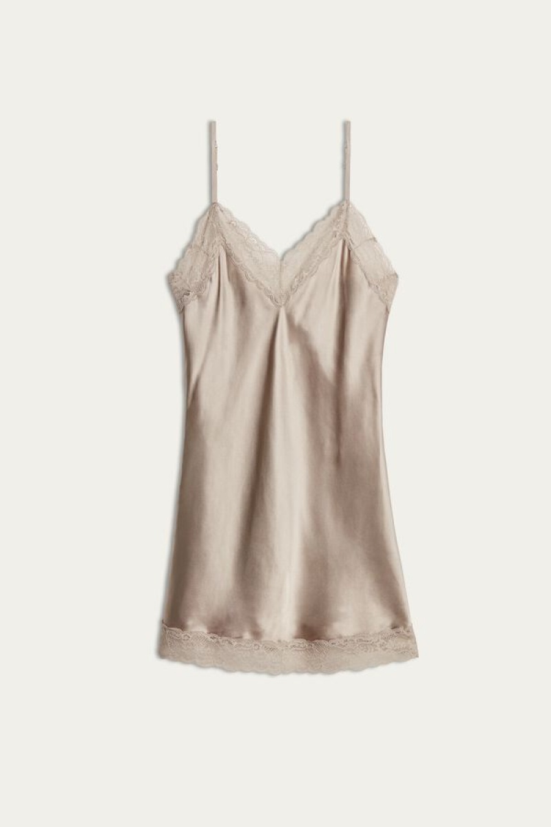 Lenjerie Dama Intimissimi Silk Slip with Dantela Insert Detail Bej | RO RW1925