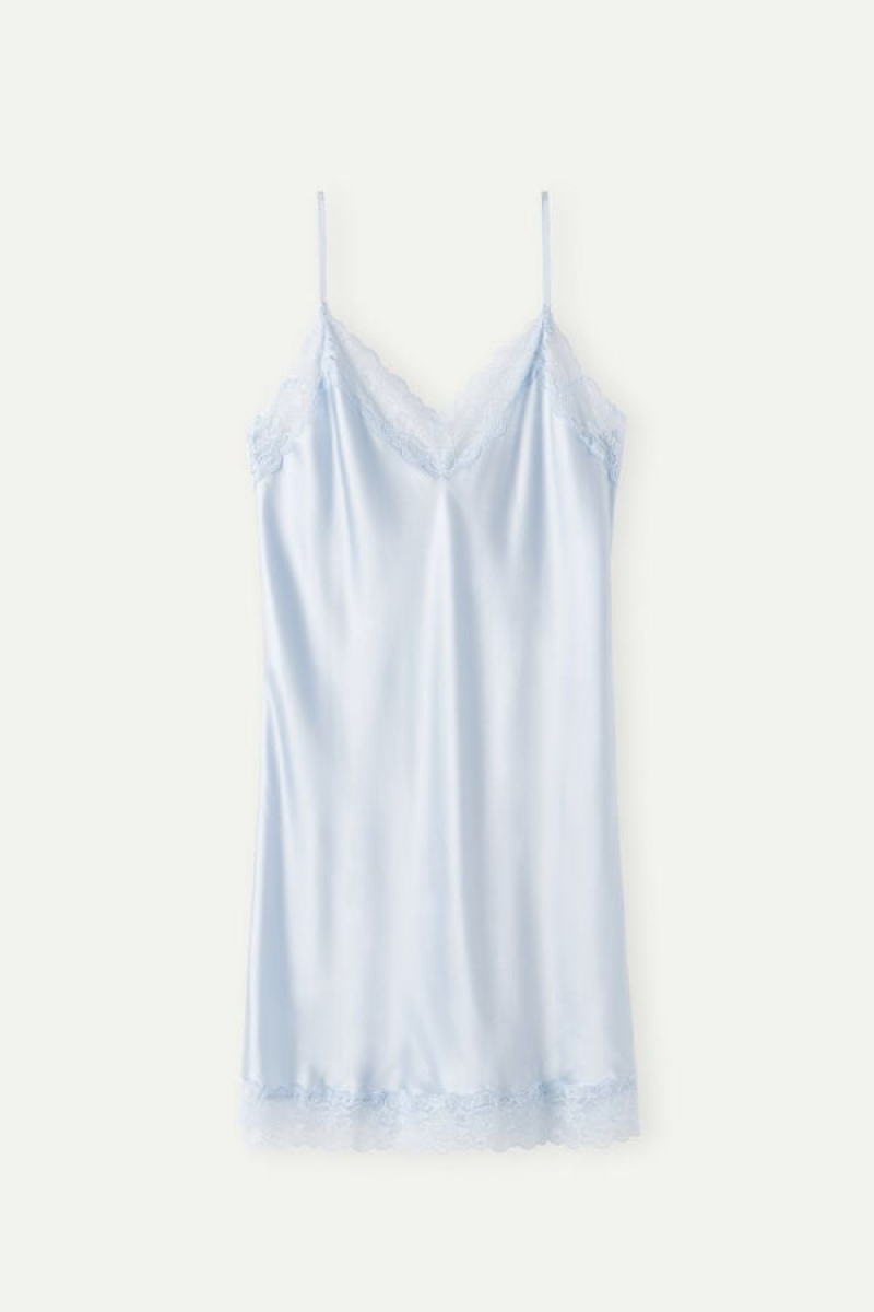 Lenjerie Dama Intimissimi Silk Slip with Dantela Insert Detail Albastri | RO VD1944