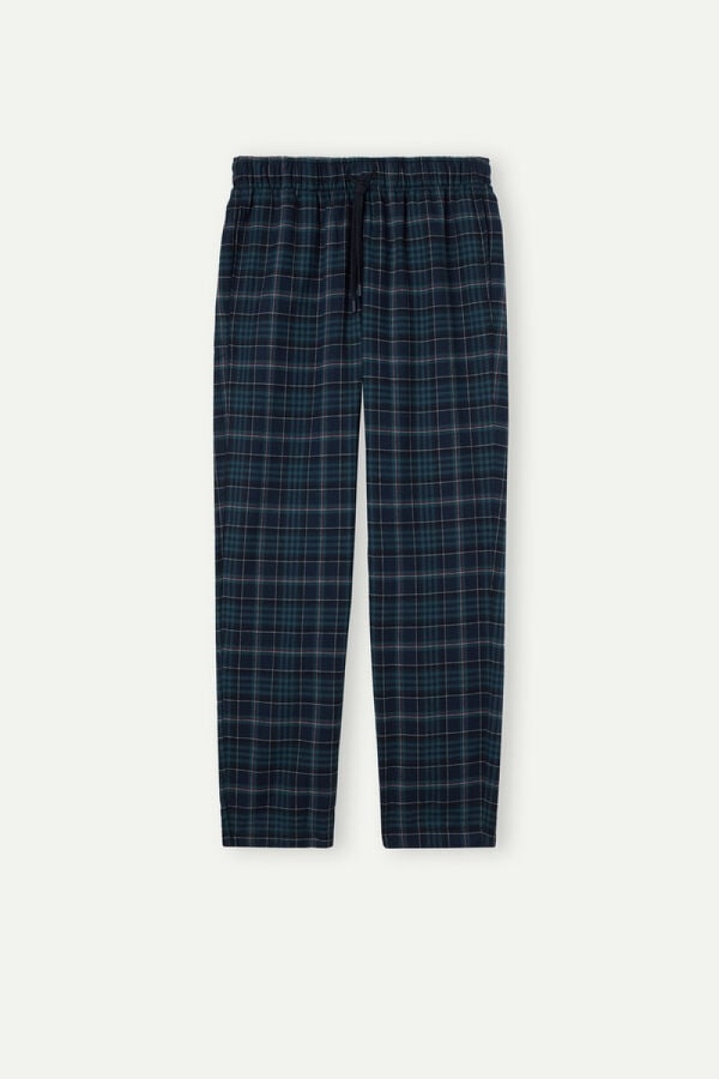 Pantaloni Barbati Intimissimi Full Length in Green and Blue Plaid Brushed Cloth Verzi Albastri | RO KI2975