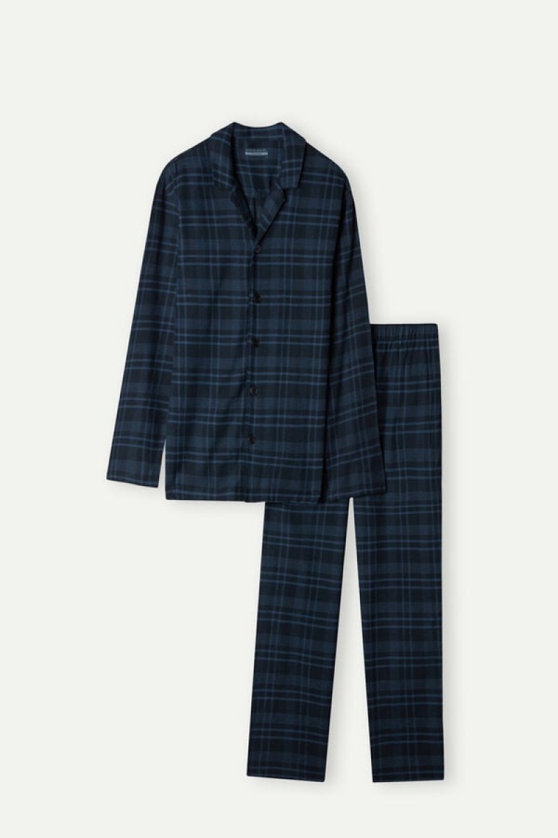 Pijama Barbati Intimissimi Full Length in Brushed Blue Check Patterned Cloth Albastri | RO YU2917