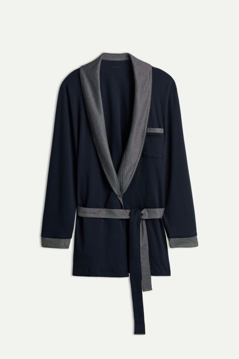 Pijama Barbati Intimissimi Interlock Bumbac Smoking Jacket Albastri | RO FM2882