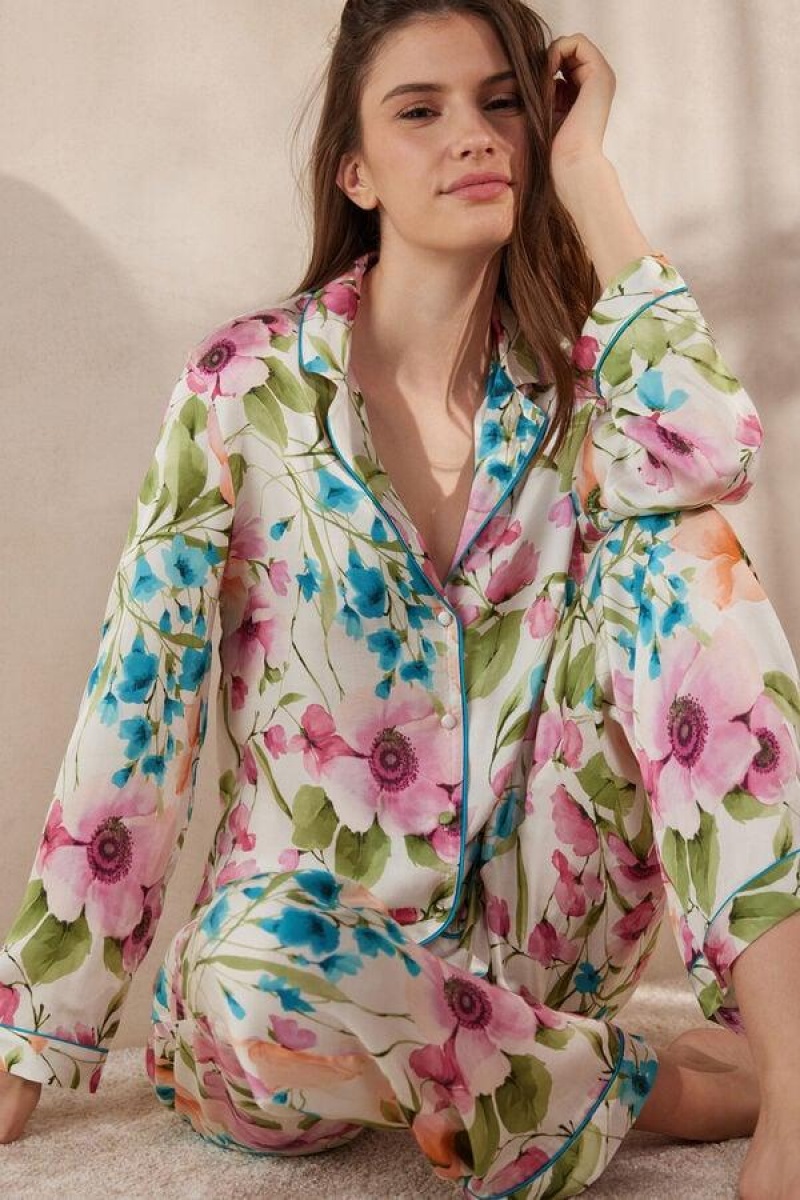 Pijama Dama Intimissimi Botanical Lyrics Satin Button Up Shirt Colorati | RO UT2136