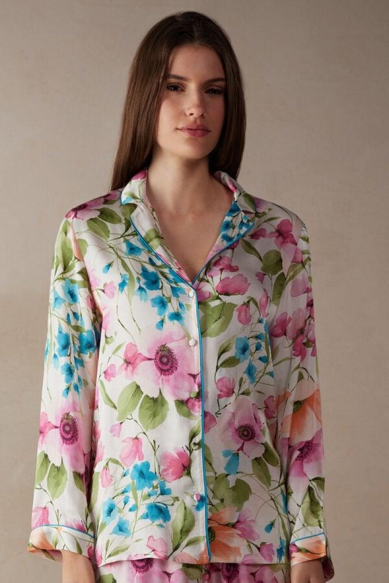 Pijama Dama Intimissimi Botanical Lyrics Satin Button Up Shirt Colorati | RO UT2136