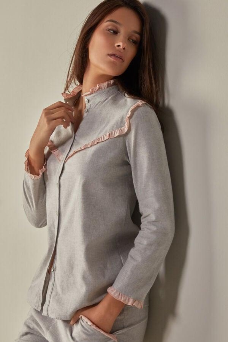 Pijama Dama Intimissimi Bumbac Rouches Brushed Bumbac Cloth Long Sleeve Shirt Gri Deschis | RO MA2181