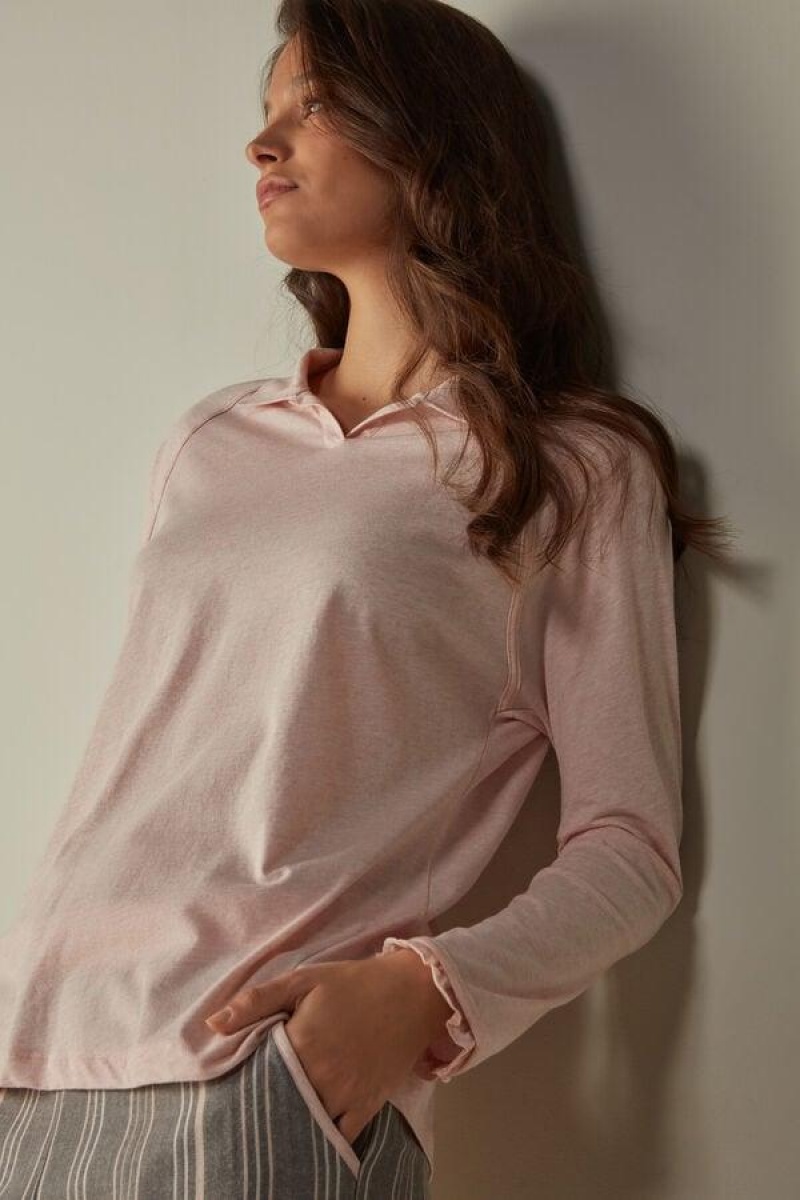 Pijama Dama Intimissimi Bumbac Rouches Long Sleeve Polo Roz | RO QZ2182