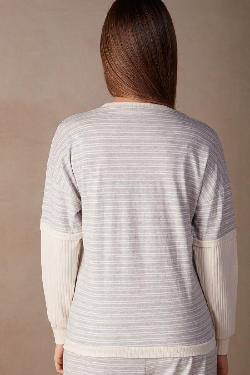 Pijama Dama Intimissimi Casual Sunday Long Sleeve Top Gri Galbeni Deschis Bej | RO IS2137