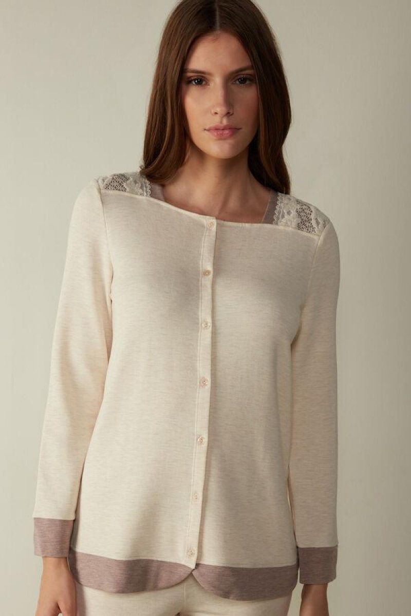 Pijama Dama Intimissimi Clasici Beauty Long Sleeve Button-Up Top Bej | RO BC2179