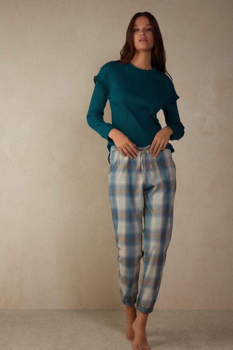 Pijama Dama Intimissimi Cozy Mountains Brushed Cloth Pants with Cuffs Albastri | RO FM2065