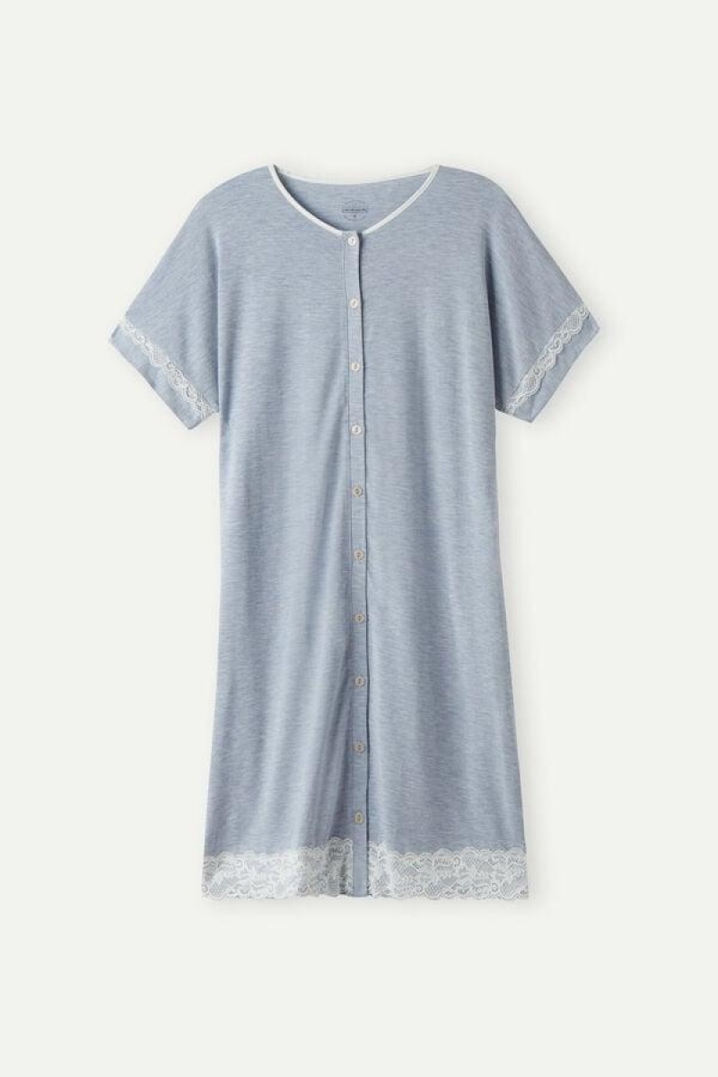 Pijama Dama Intimissimi Dantela Trim Button Up Nightgown Albastri Deschis | RO TV2212