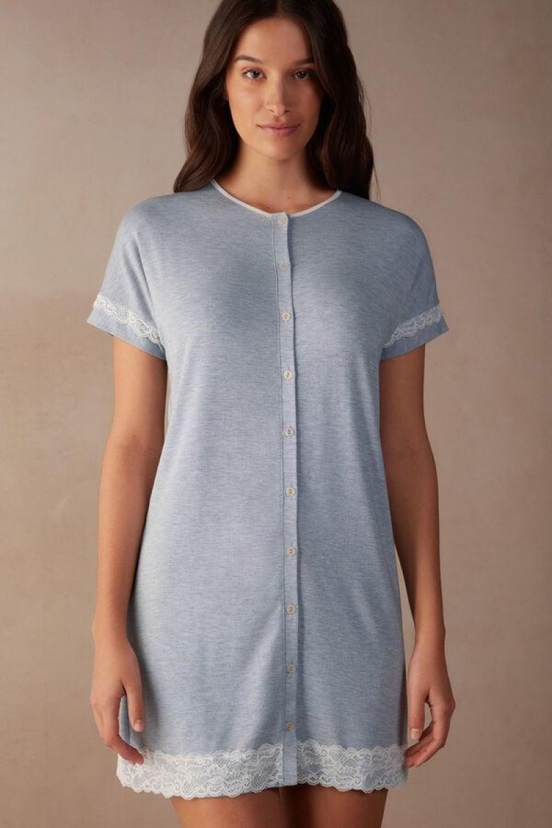 Pijama Dama Intimissimi Dantela Trim Button Up Nightgown Albastri Deschis | RO TV2212