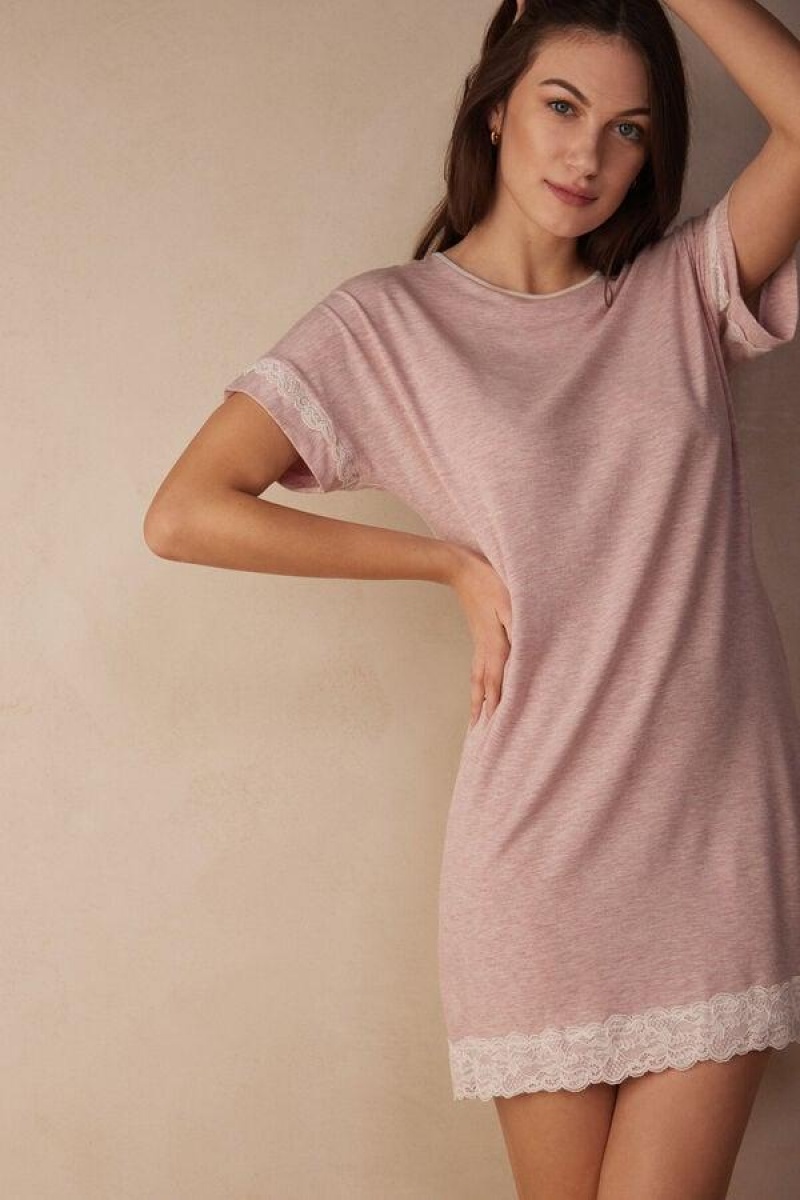 Pijama Dama Intimissimi Dantela Trim Scurte Sleeve Nightgown Roz Deschis | RO YU2213