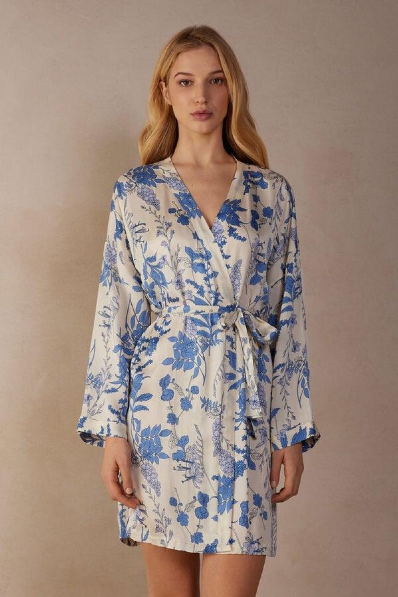 Pijama Dama Intimissimi Feeling Beautiful Satin Kimono Albi Albastri | RO PQ2191