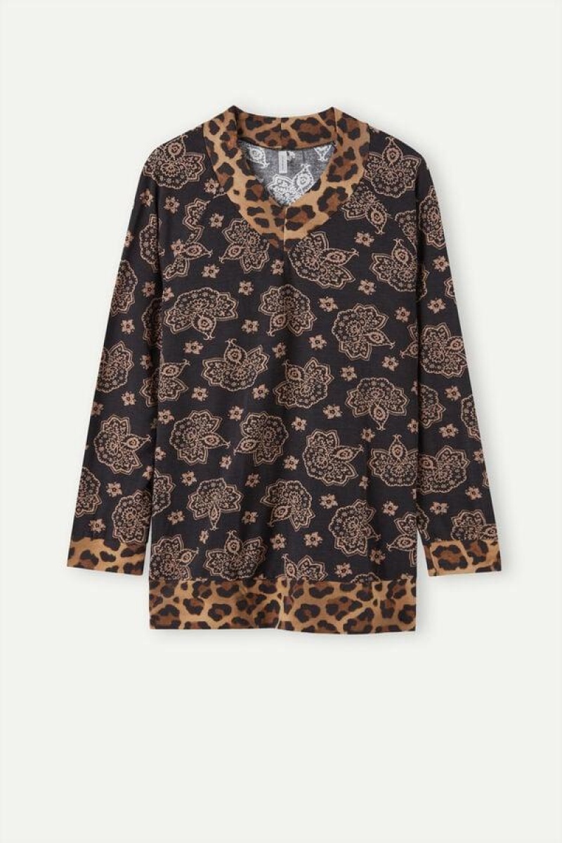 Pijama Dama Intimissimi Lady Animalier Long Sleeve Modal Top Negrii | RO QZ2156