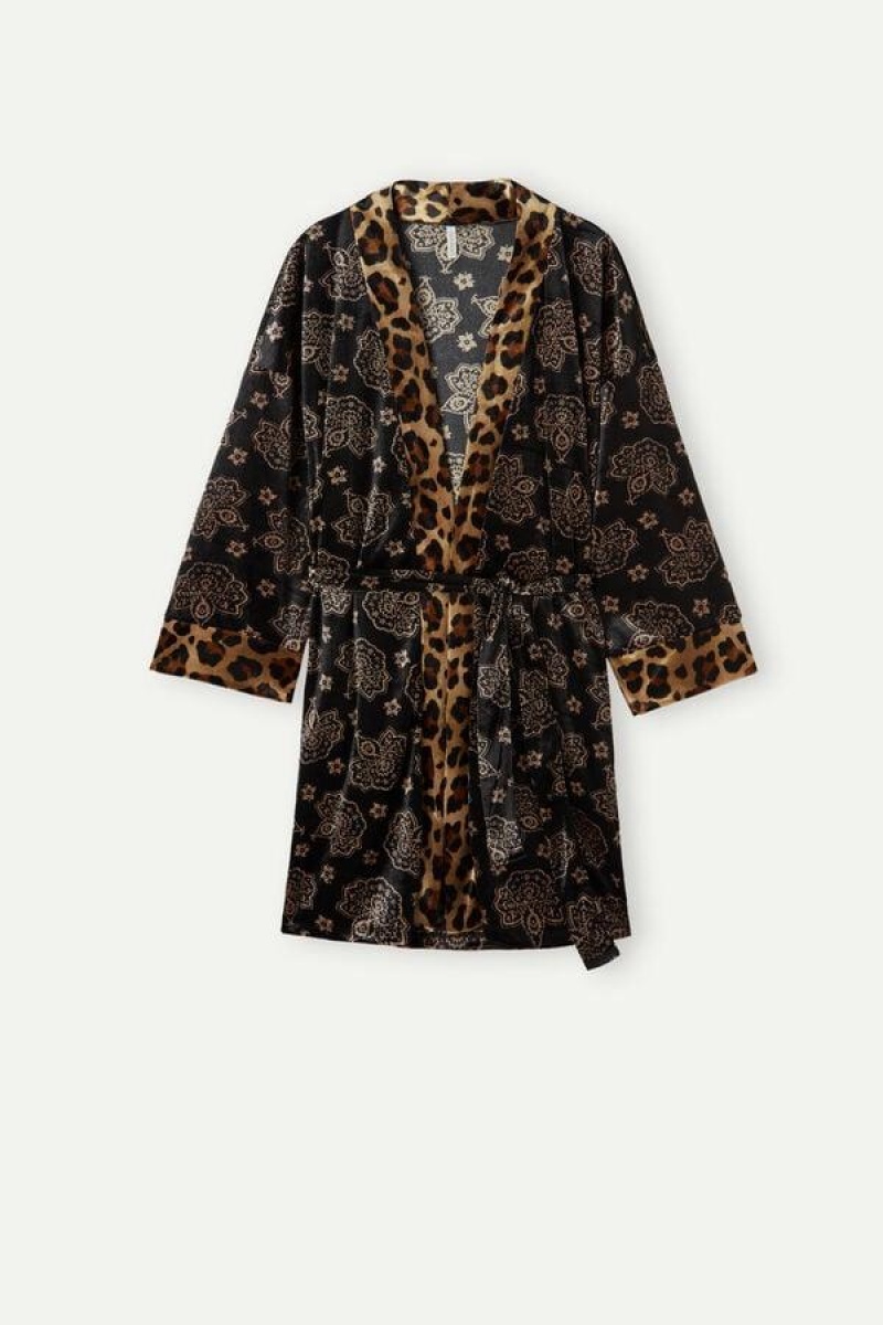 Pijama Dama Intimissimi Lady Animalier Velvet Kimono Negrii | RO BC2205