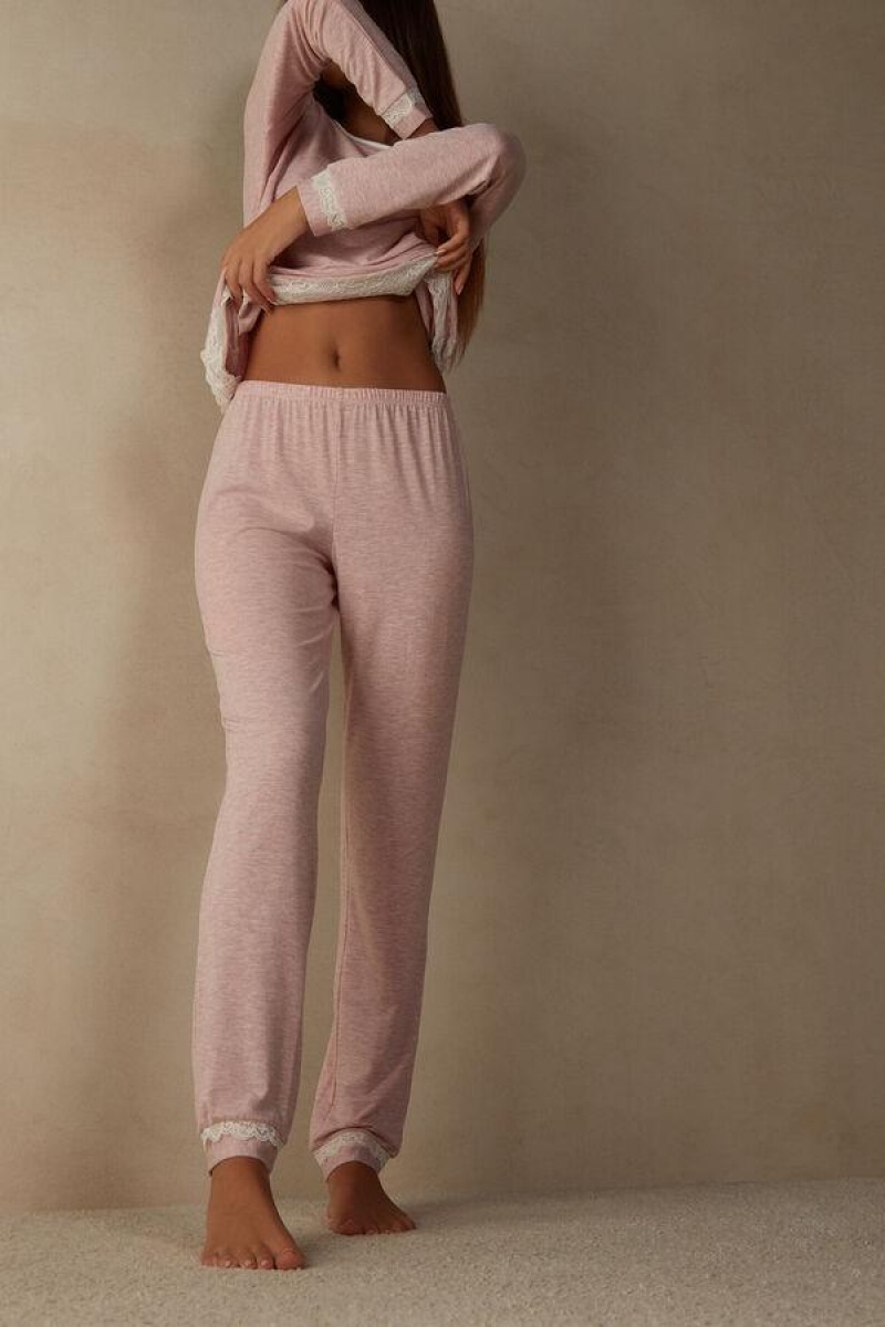 Pijama Dama Intimissimi Long Modal Dantela Detail Trousers Roz Deschis | RO PQ2009