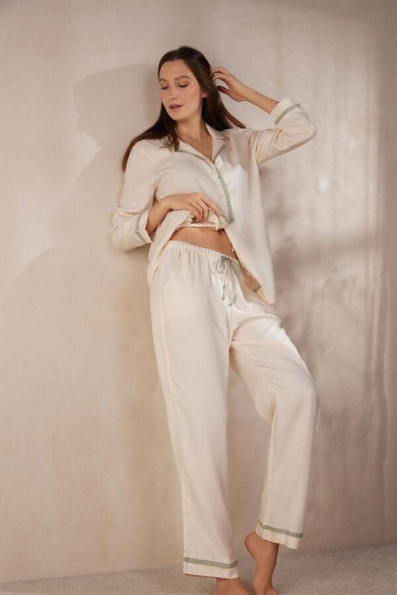 Pijama Dama Intimissimi Lost in Fields Full Length Pants in Plain-weave Modal Galbeni Deschis Albi | RO DN2038