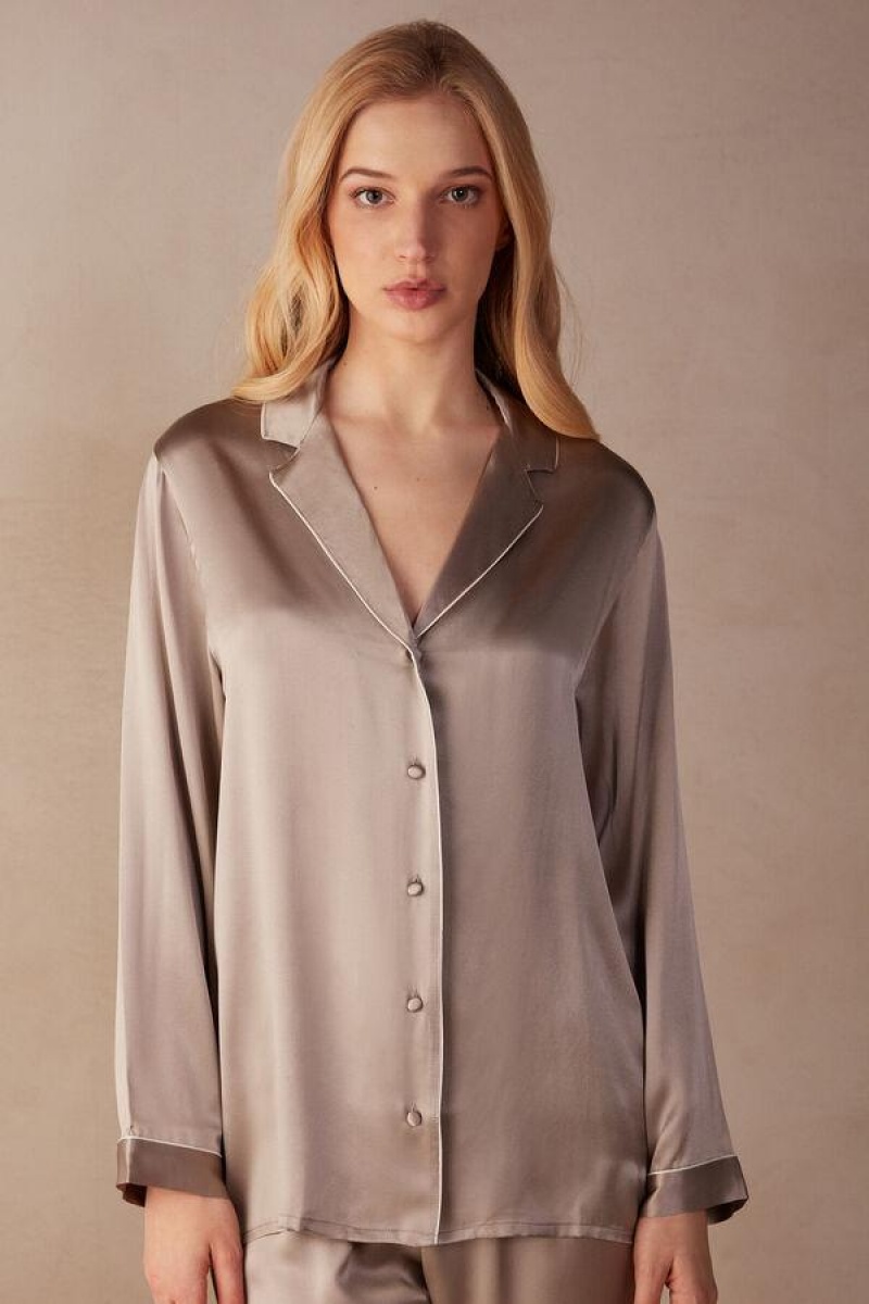 Pijama Dama Intimissimi Mannish-Cut Jacket in Silk Satin Bej | RO ZG2019